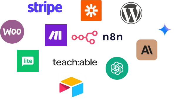 Narzędzia, z którymi pracuję: Stripe, Zapier, WordPress, WooCommerce, Make, n8n, teachable, MailerLite, ChatGPT, Airtable i inne